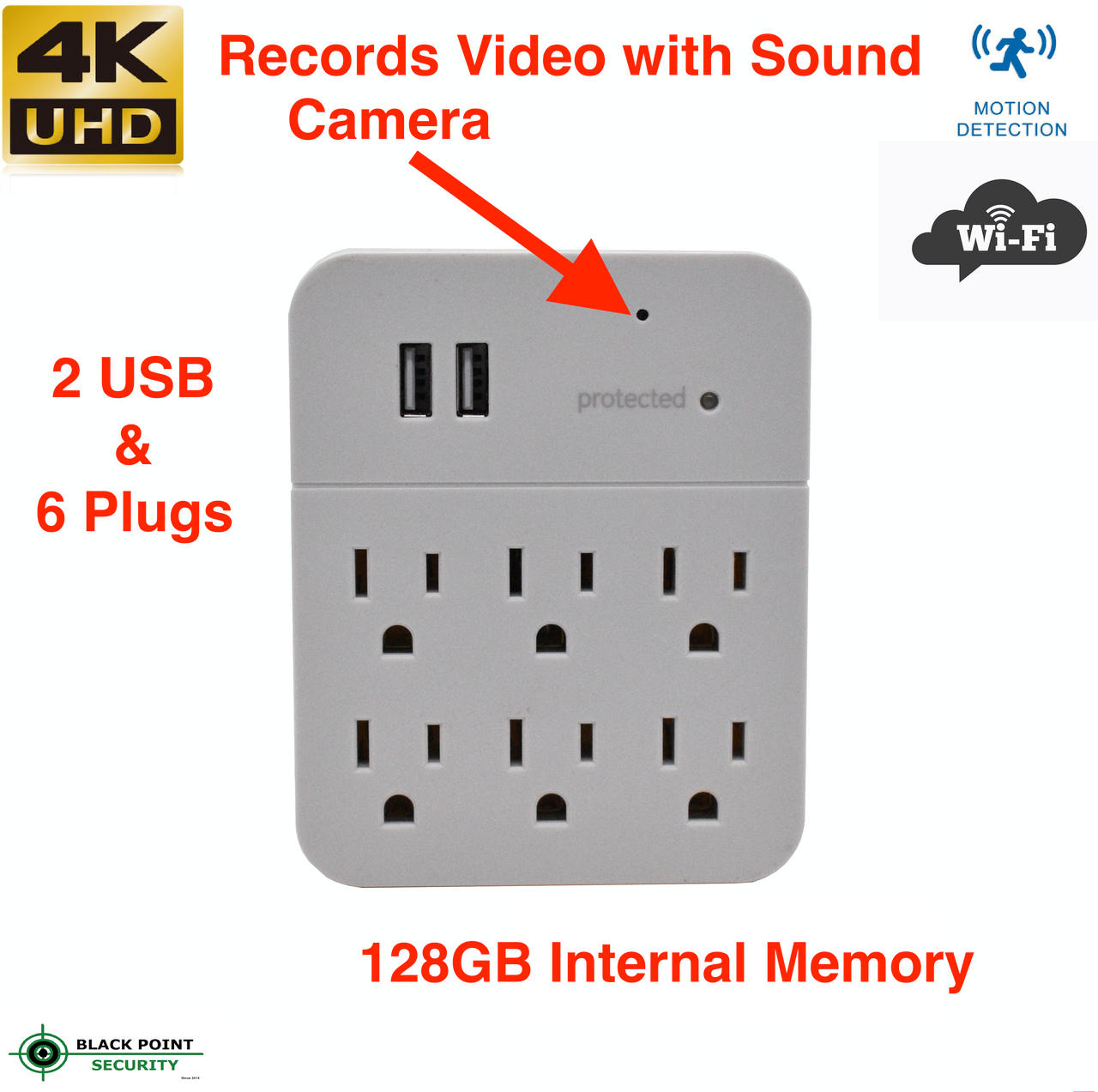 6 Plug Outlet with 2 USB Ports Hidden Streaming WIFI Camera