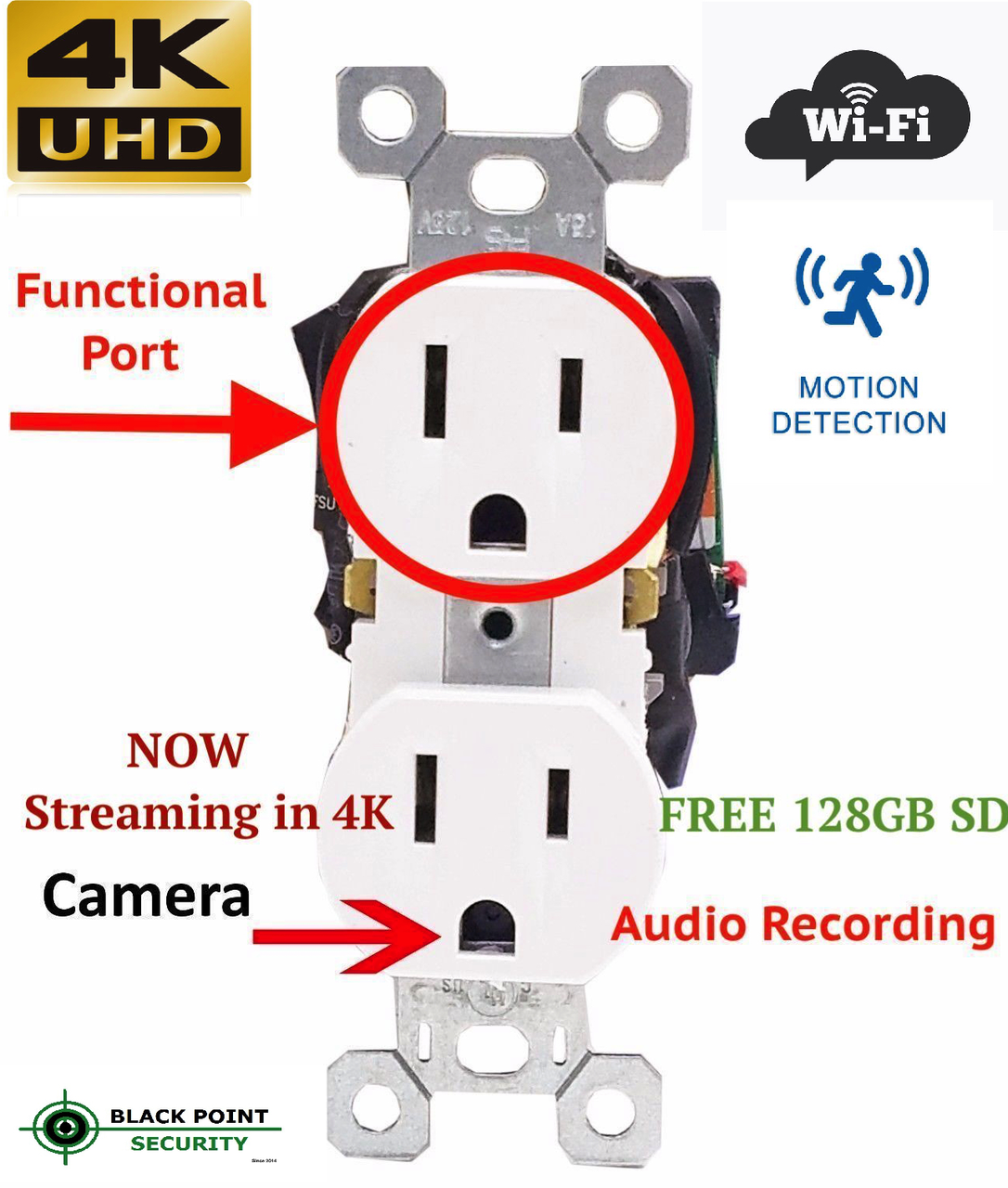 Wall Plug Power Outlet 4K Hidden Camera w/ DVR & WiFi Remote View 